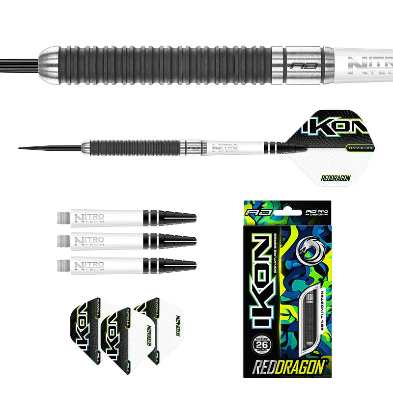 Ikon 1.4 85% tungsten darts set with close-up ribbed barrel grip, full dart profile, spare shafts and flights, plus retail box packaging