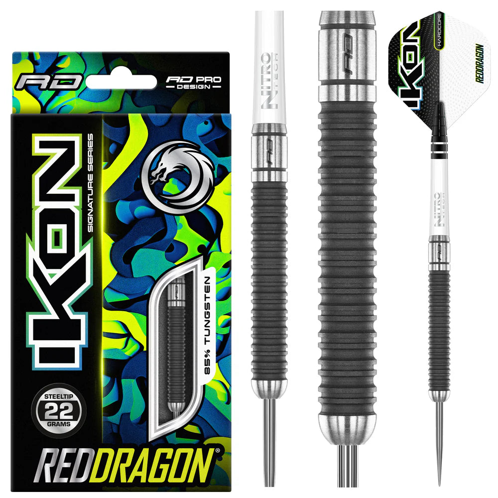 Full set of 85% tungsten steel tip darts with Brooklyn Grey atomised grip, close-up barrel texture, and retail packaging on white background