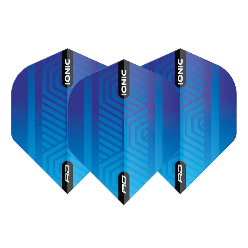 Three Ionic Blue No.2 dart flights with geometric pattern, full front view, arranged set, isolated on white background