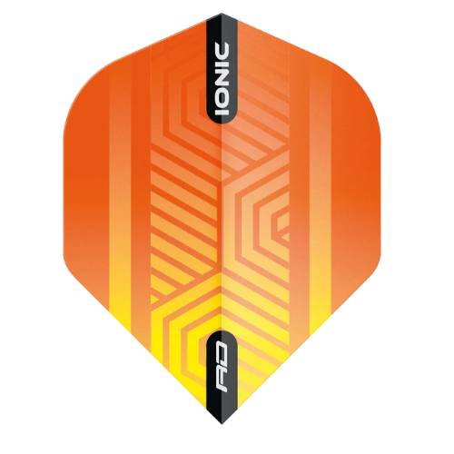 Full dart flight with orange and yellow geometric design, No.2 shape, isolated on white for darts accessories