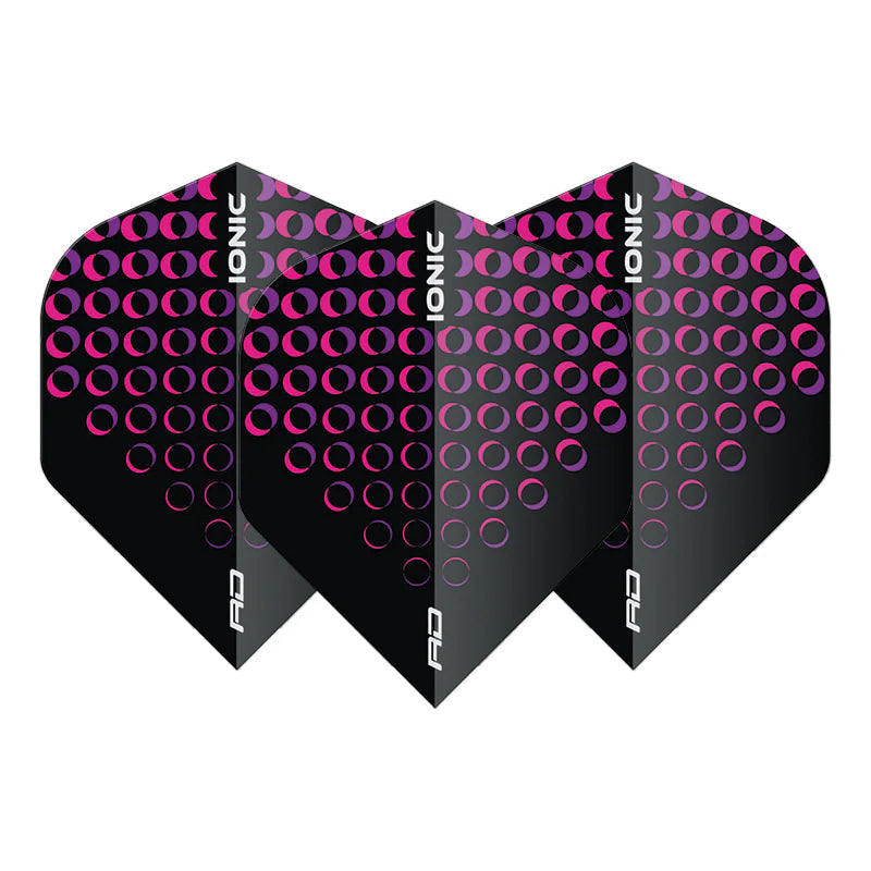 Set of three Ionic Pink Circles No.2 dart flights displayed on white, showing black flights with vibrant pink circle design and standard shape.