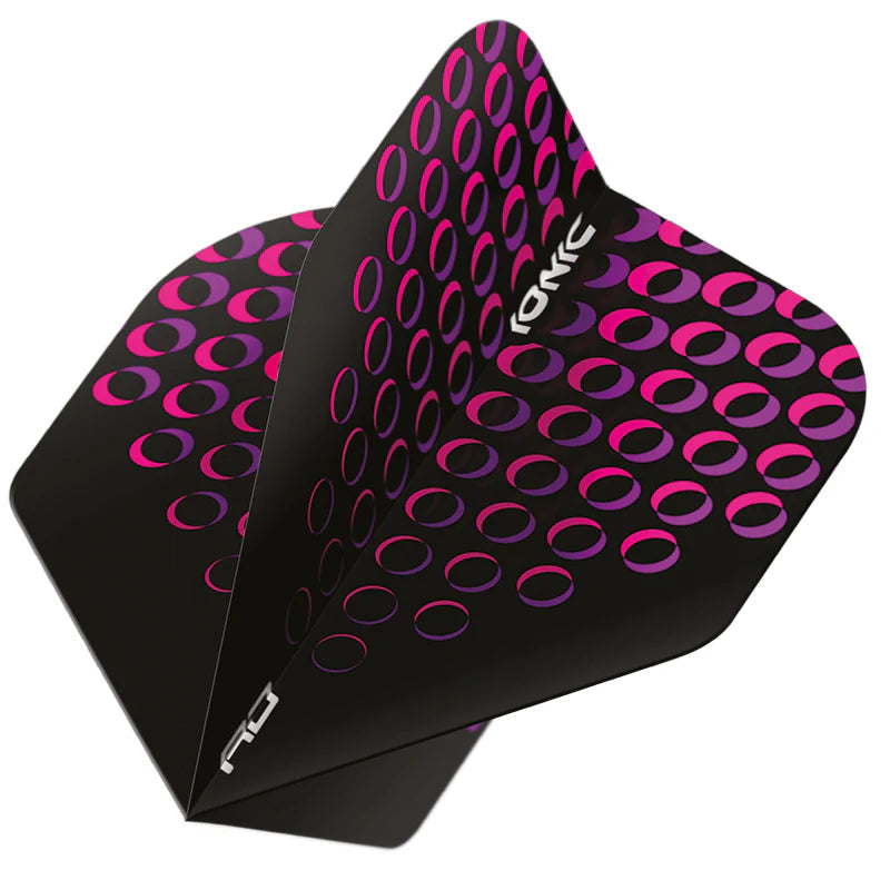 Angled close-up of dart flight with pink circles No.2 pattern, isolated on white background, highlighting vibrant dart flight design