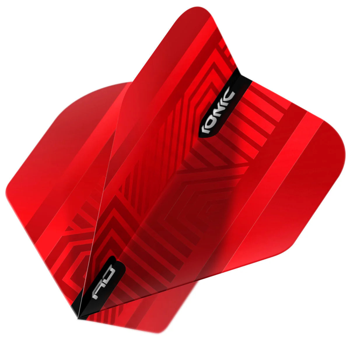 Angled close-up of Ionic Red No.2 dart flight fully opened, showing red geometric pattern and 100 micron thickness, isolated on white background