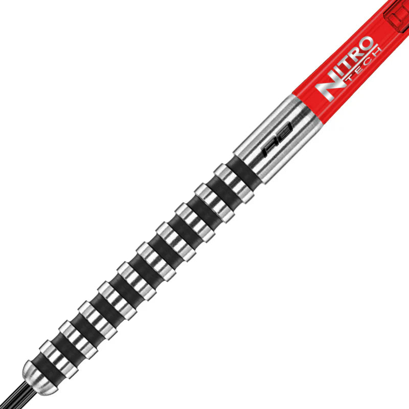 Close-up of Javelin Black tungsten dart barrel with black ring grip texture and seamless modern design, isolated on white background