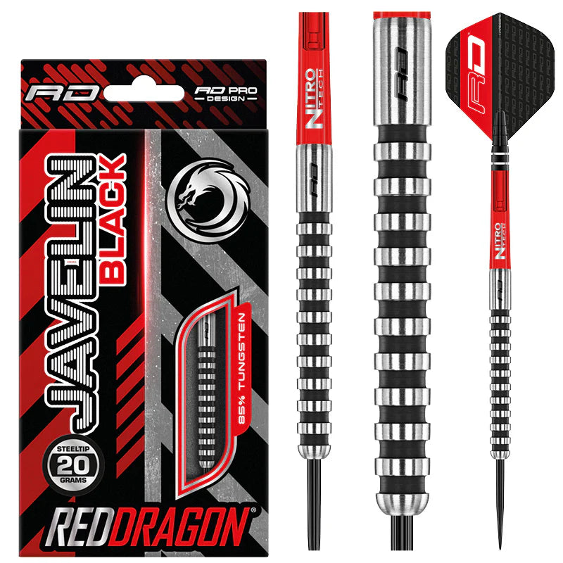 Javelin Black 85% tungsten darts with black ring grip barrels, red flights, and retail packaging, steeltip shown on white background