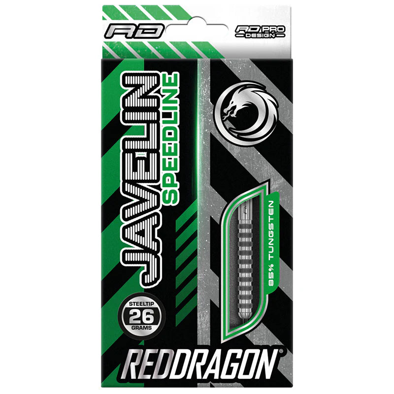 Javelin Speedline 85% tungsten steel tip darts in retail packaging with clear window displaying ringed barrel design, 26 grams