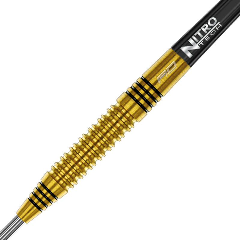 Close-up gold tungsten dart barrel with aggressive grip rings and black grooves, single dart isolated on white for precision grip detail