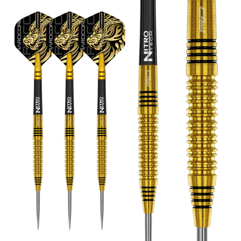 Full set of 90% tungsten gold darts with black flights, detailed grip barrel close-up, isolated on white background