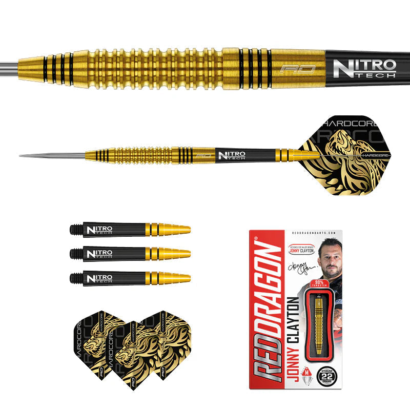 Gold 90% tungsten dart set with close-up of grip texture, assembled dart, extra stems, flights, and boxed packaging