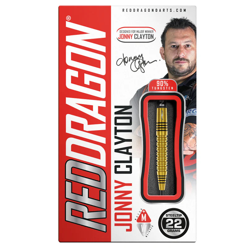 Gold 90% tungsten dart barrel in retail packaging with grooved grip and 22g steel tip, Jonny Clayton special edition