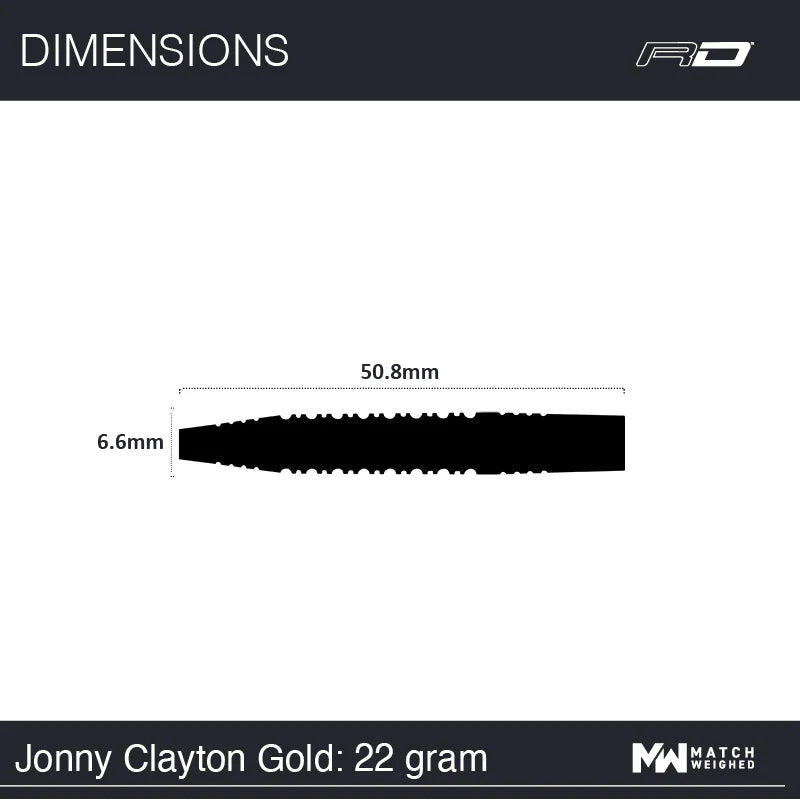 Top-down view of Jonny Clayton Gold 22g dart barrel with 50.8mm length and 6.6mm diameter shown for precise dart dimensions