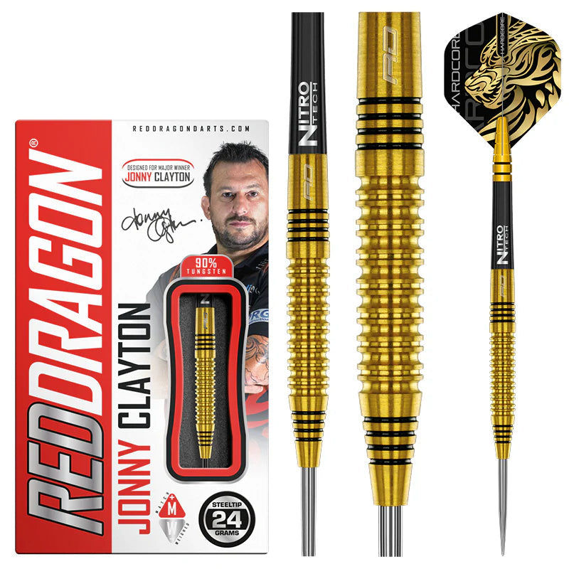 gold tungsten darts set with precision grip rings, dragon flights, steel tips, and retail packaging, steeltip 24 grams