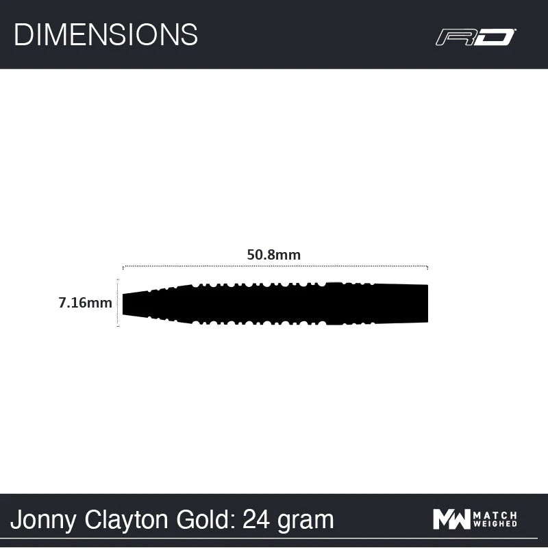 Dart barrel dimension chart with top-down view, displaying 50.8mm length and 7.16mm diameter for 24g tungsten darts