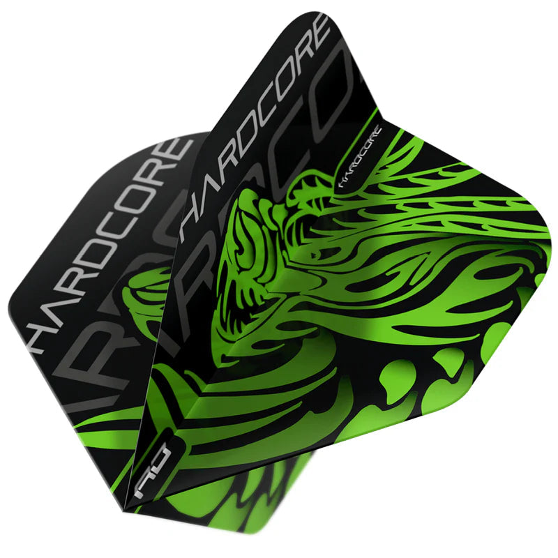 Close-up angled view of three Jonny Clayton Hardcore Green Dragon dart flights with vivid green dragon artwork and black Hardcore lettering.