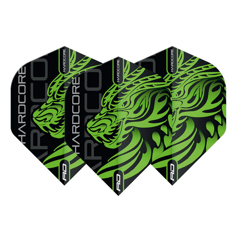 Three Jonny Clayton Hardcore Green Dragon dart flights arranged on white background, featuring bold green dragon graphic and angular flight shape