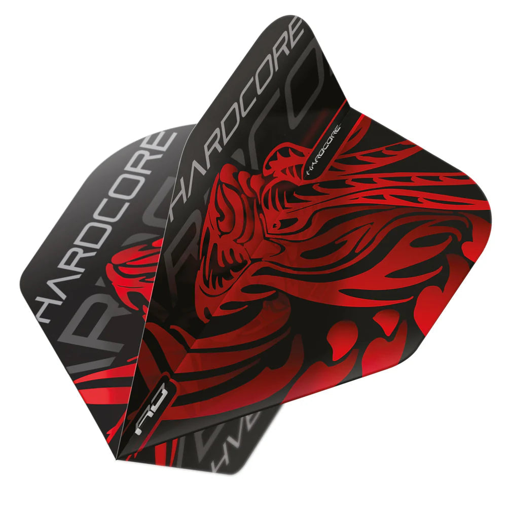 Close-up angled view of three dart flights with bold red dragon graphic and HARDCORE lettering, highlighting unique shape and durable material