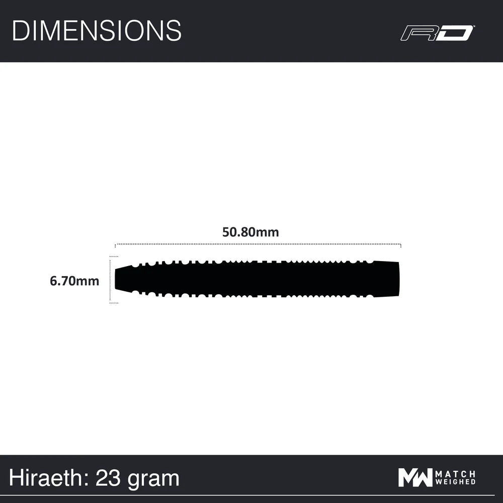 Top-down view of 23g tungsten dart barrel, 50.8mm long and 6.7mm wide, showing barrel dimensions for precision dart buyers