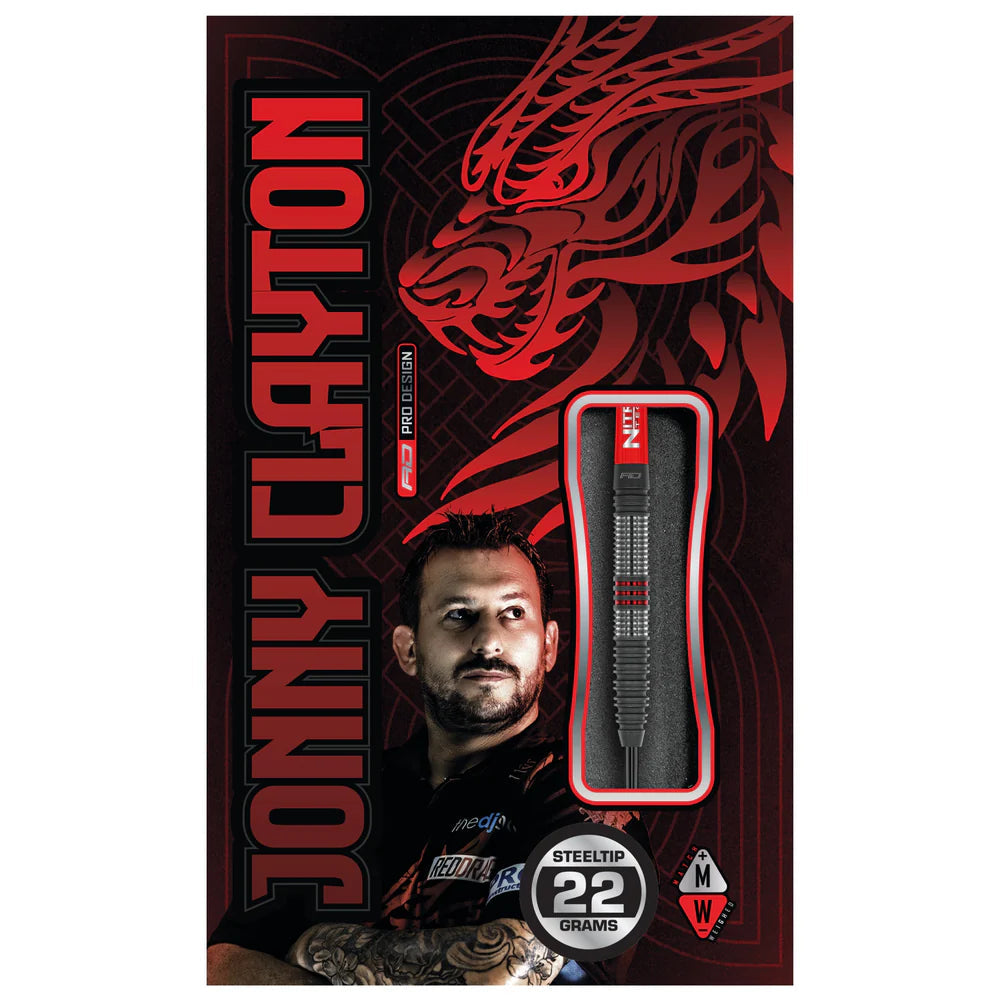 Steel tip 90 percent tungsten dart in retail packaging, 22g weight, featuring textured grip barrel, angled front view