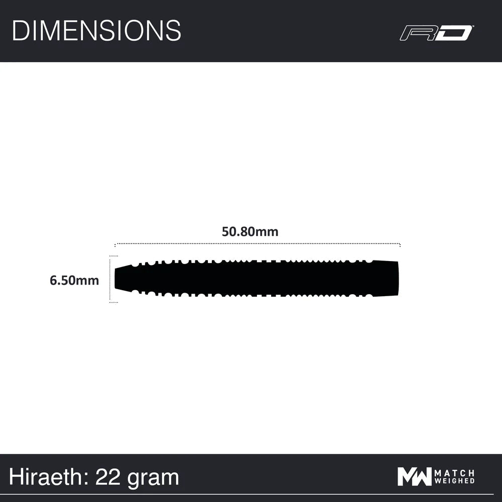 Dart barrel top-down silhouette with dimensions 50.80mm length and 6.50mm diameter, 22g tungsten, for accurate dart sizing