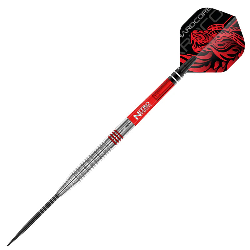 Full view tungsten dart isolated on white, showing detailed grip, red Nitro Tech shaft, and custom Hardcore flight for dart players