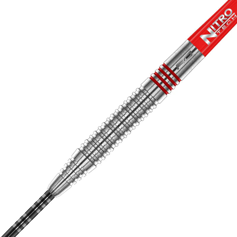 Close-up angled view of Jonny Clayton 2.0 tungsten dart barrel with precision rings and detailed grip texture, isolated on white