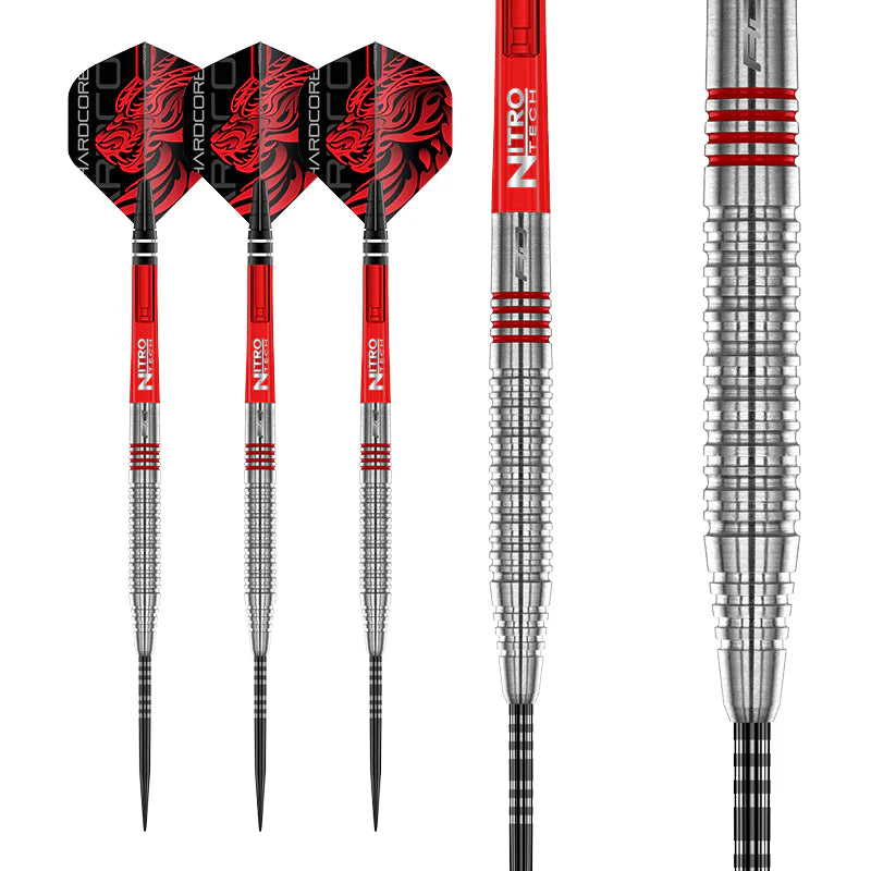 Full view and macro close-up of 90% tungsten darts with red and black flights, Nitro Tech shafts, and detailed ringed barrel grip
