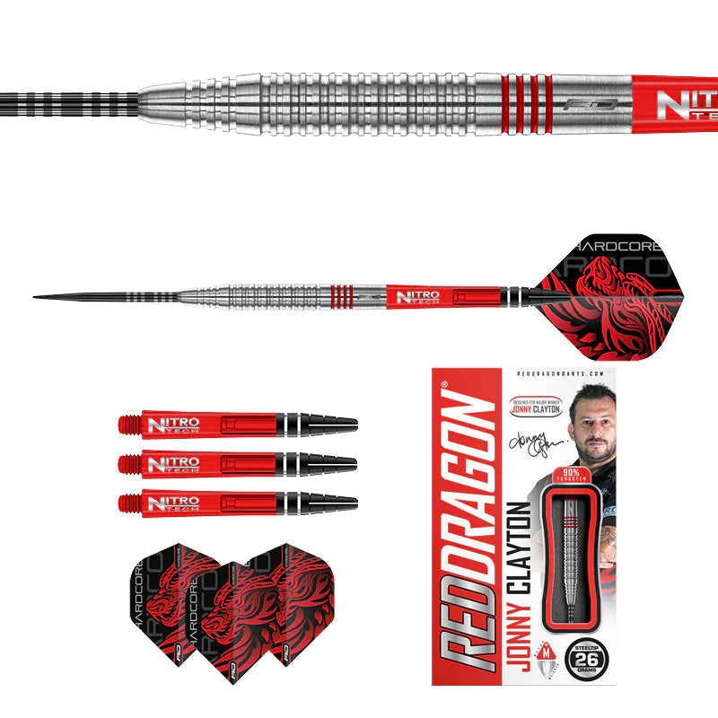 Full product view with close-up of grip, flights, shafts, and boxed packaging for Jonny Clayton 90% tungsten darts
