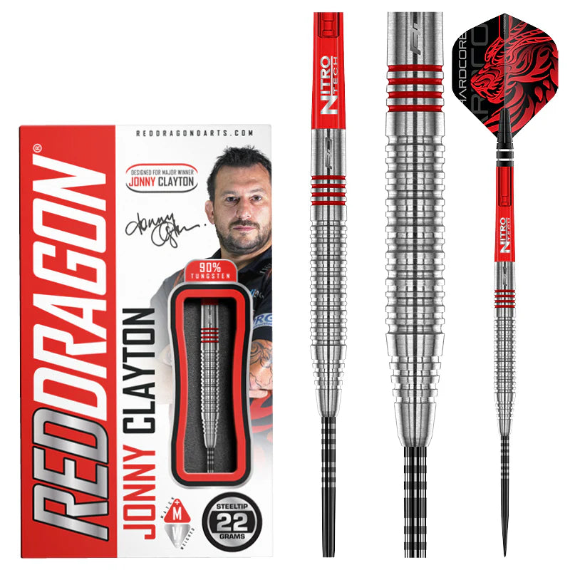 Jonny Clayton 2.0 90% tungsten darts set with red accents, full product view, grip detail, and retail packaging