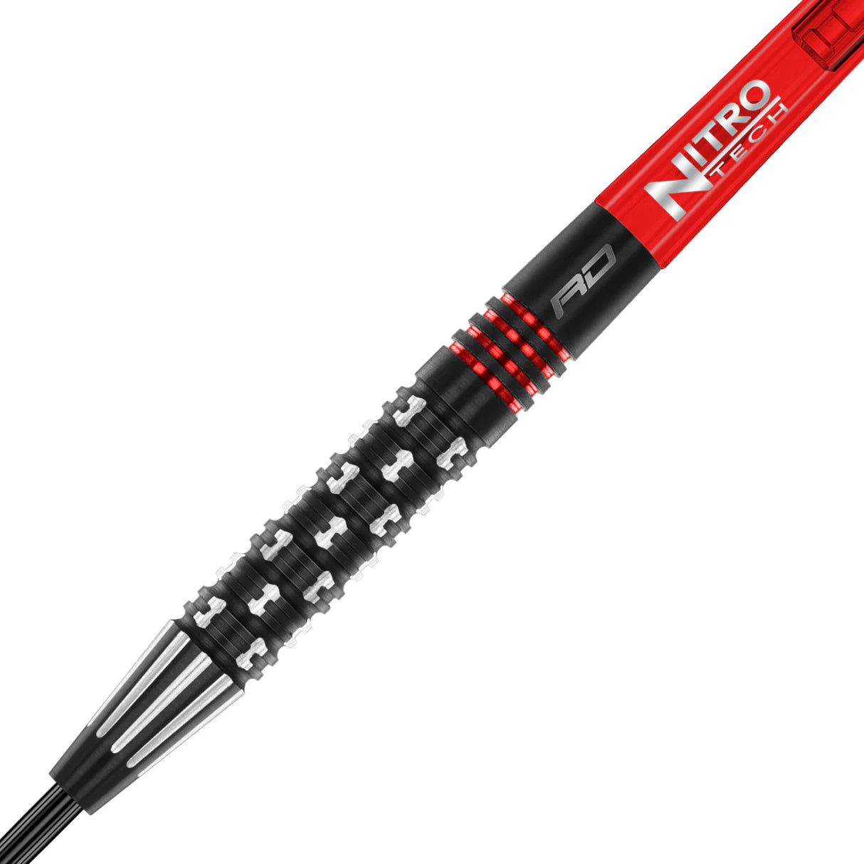 Close-up of Jonny Clayton 90% tungsten dart barrel with detailed black grip, red rings, and silver machined accents, isolated on white