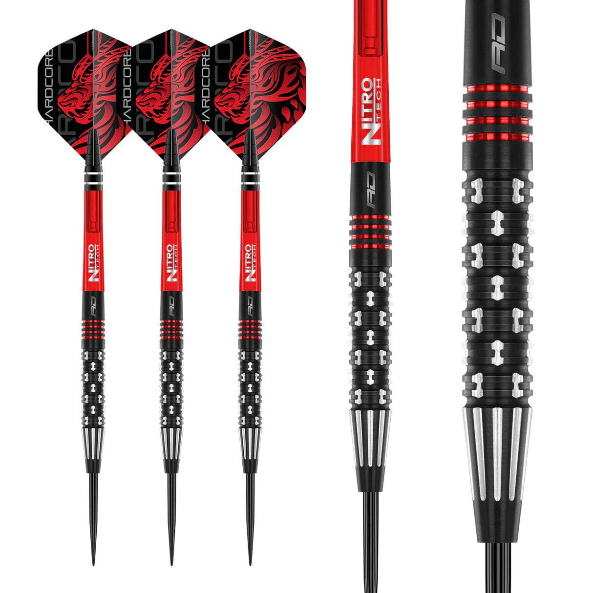 Full set of 90% tungsten darts with close-up of textured barrel grip, black and red flights, and precision steel tips isolated on white