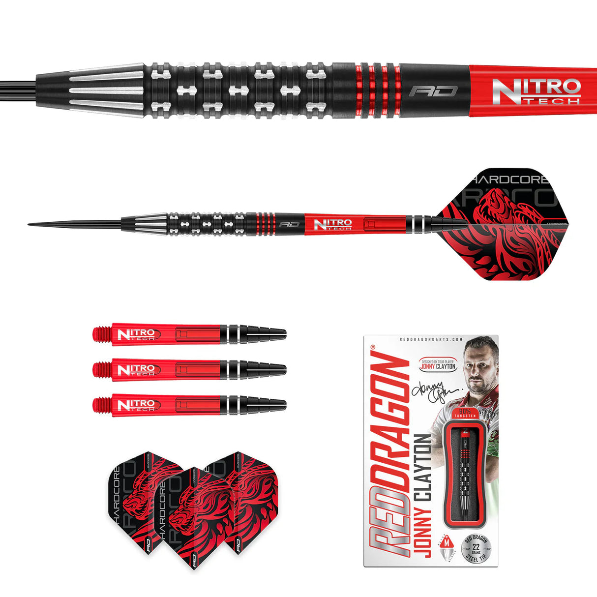 Jonny Clayton 90% tungsten darts set with close-up knurled barrel, full dart profile, spare shafts, red dragon flights, and packaging on white