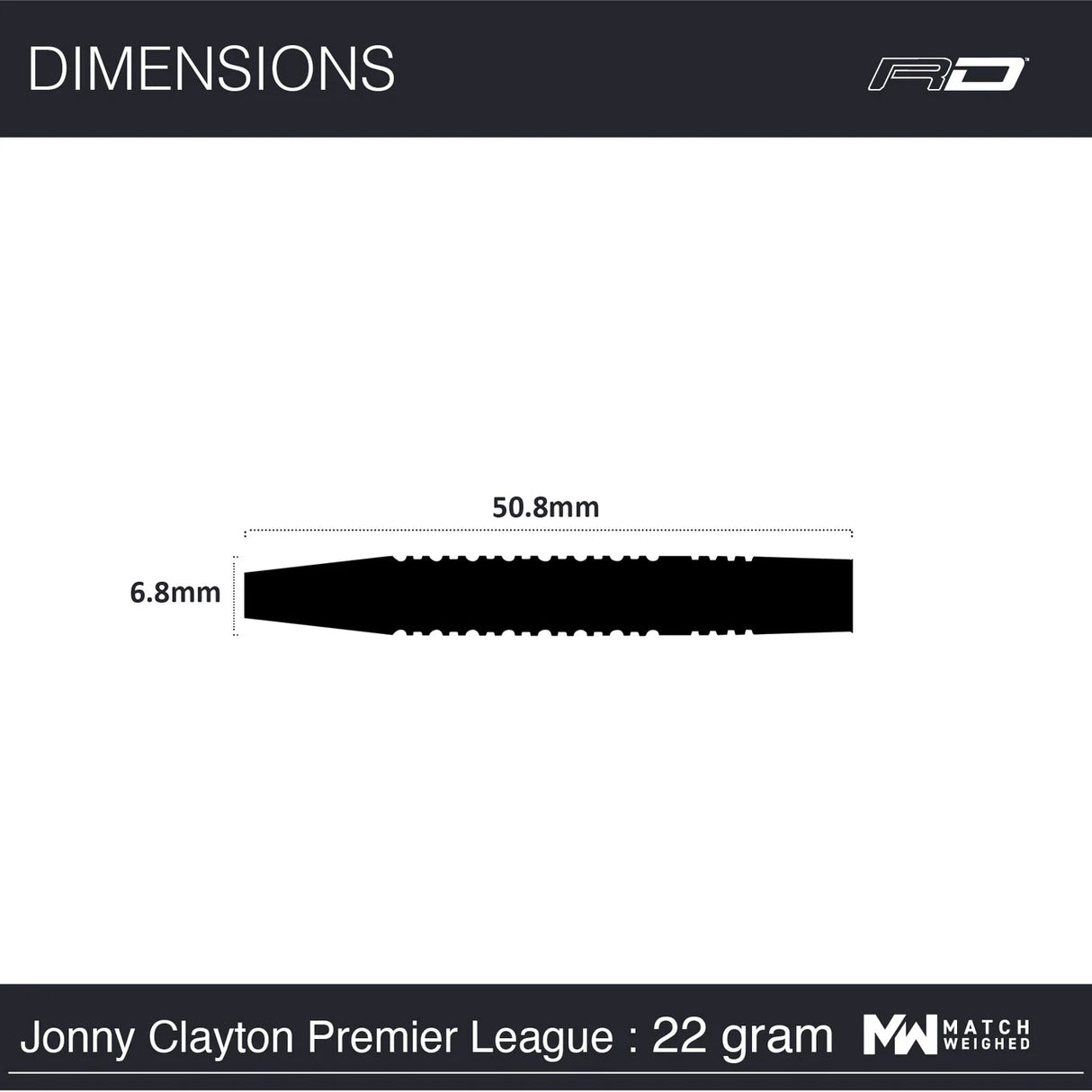 Dart barrel technical diagram showing 50.8mm length and 6.8mm diameter, ideal for buyers seeking tungsten dart dimensions
