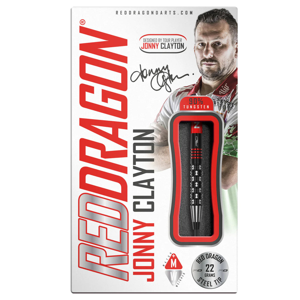 Steel tip tungsten dart in retail packaging, 22g weight, ringed grip, featured with Jonny Clayton branding and signature