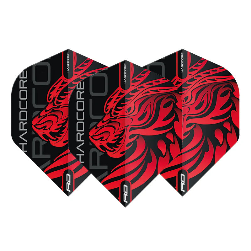 Three Jonny Clayton No.2 dart flights displayed side by side, featuring bold red dragon artwork and black HARDCORE text on white background.