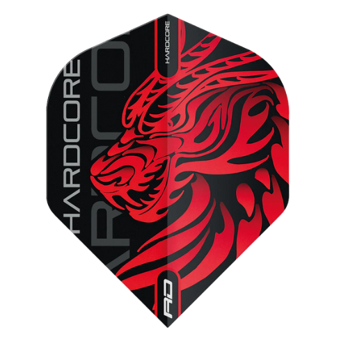 No2 dart flight full view isolated on white, showcasing red dragon graphic with HARDCORE branding for dart accessories