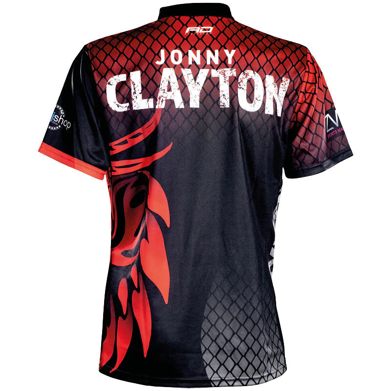 Back view of Jonny Clayton darts shirt with dragon scale pattern and large bold player name, isolated on white background