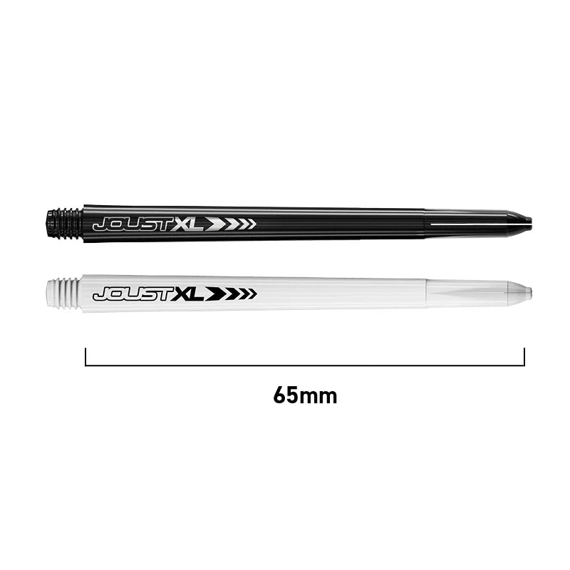 Top-down view of black and white Joust XL dart shafts, 65mm long, isolated on white with measurement for dart accessory size comparison