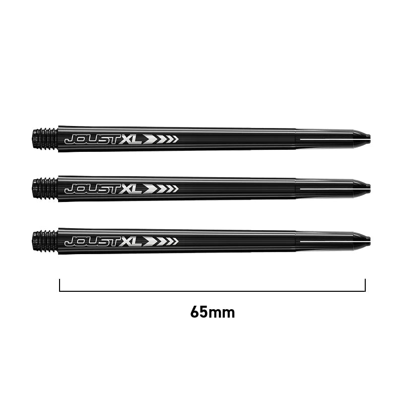 Set of three extra long dart shafts arranged horizontally, isolated on white, 65mm length measurement highlighted for dart setup