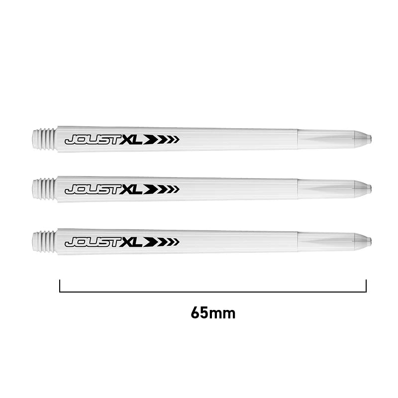 Three extra long dart shafts arranged side by side, top-down view, isolated on white, with 65mm scale for length reference