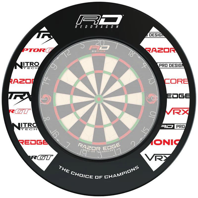 Top-down view of dartboard with high-density black polymer surround featuring multiple dart branding logos, isolated on white