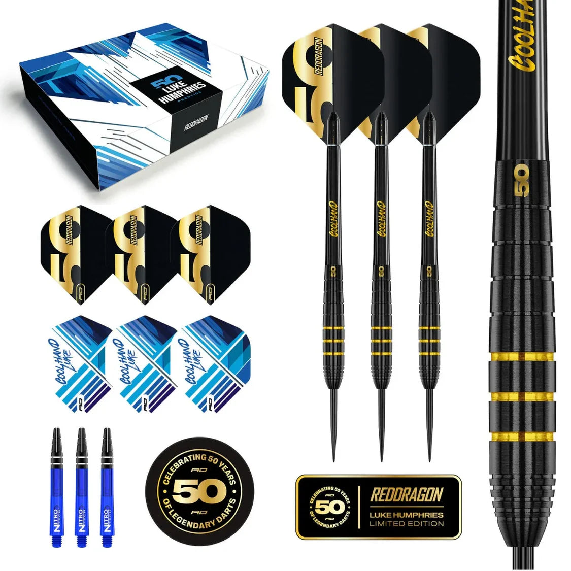 Flat lay of Luke Humphries 90% tungsten darts set with three assembled darts, close-up barrel grip, flights, shafts, box, and 50th anniversary badges