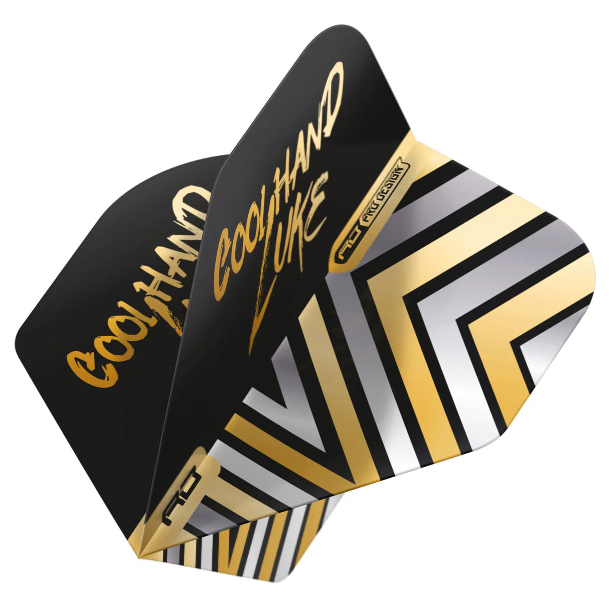 Angled close-up of No.2 dart flight with gold 'Cool Hand Luke' text and metallic chevron pattern, highlighting flight design details.