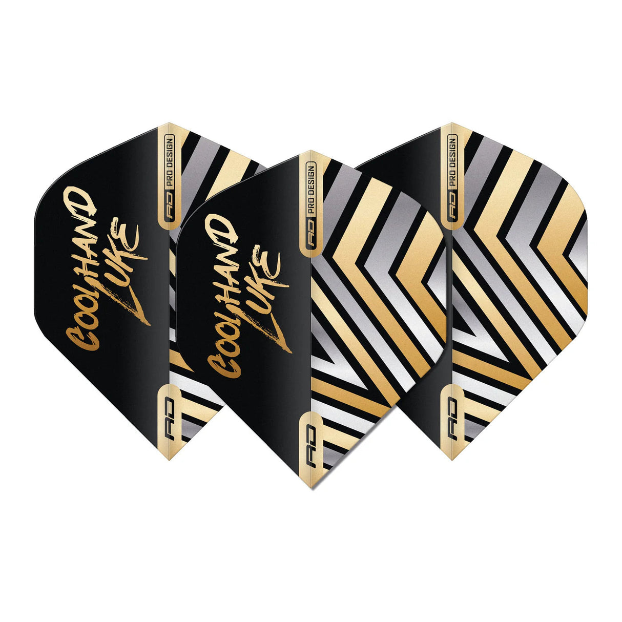 Set of three gold and black Cool Hand Luke dart flights displayed side by side on white, highlighting chevron pattern and pro design branding