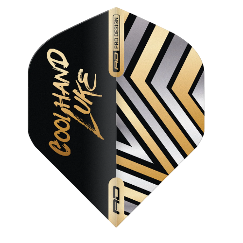 Dart flight full view on white background featuring gold, black, and silver zigzag pattern with Cool Hand Luke script and pro design details