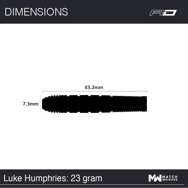 Side view of dart barrel silhouette with 43.2mm length and 7.3mm diameter highlighted for tungsten dart specs