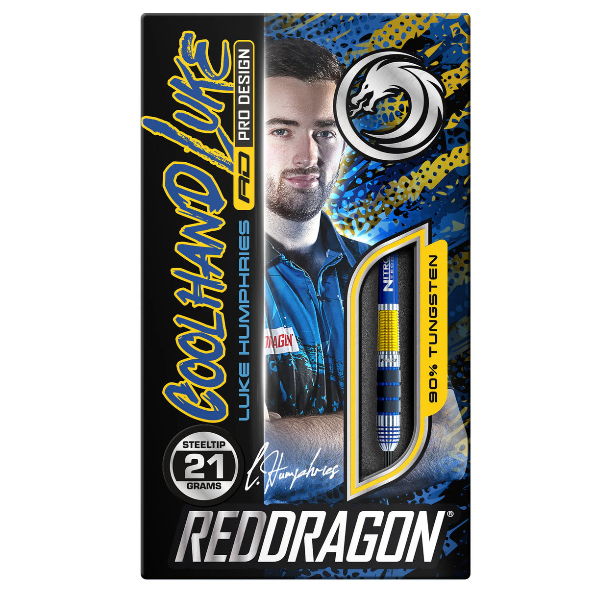 Luke Humphries 90% tungsten dart in retail packaging, full view highlighting blue and yellow barrel grip and steel tip, 21 grams