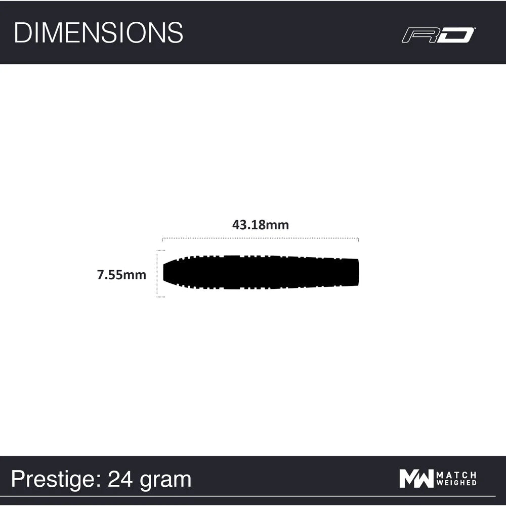 Dart barrel silhouette side view showing 43.18mm length and 7.55mm diameter, Prestige 24g, ideal for tungsten dart buyers