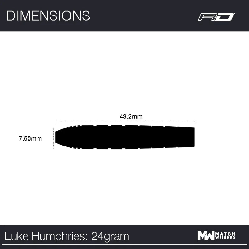 Technical side view of Luke Humphries TX1 90% tungsten dart barrel with dimensions 43.2mm long and 7.5mm diameter