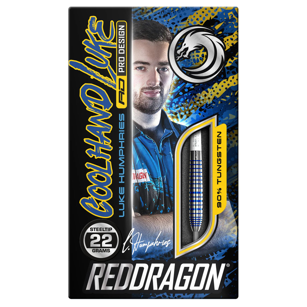 Steel tip 90% tungsten dart in retail packaging with cool blue grip barrel visible, 22 gram weight highlighted, Luke Humphries edition