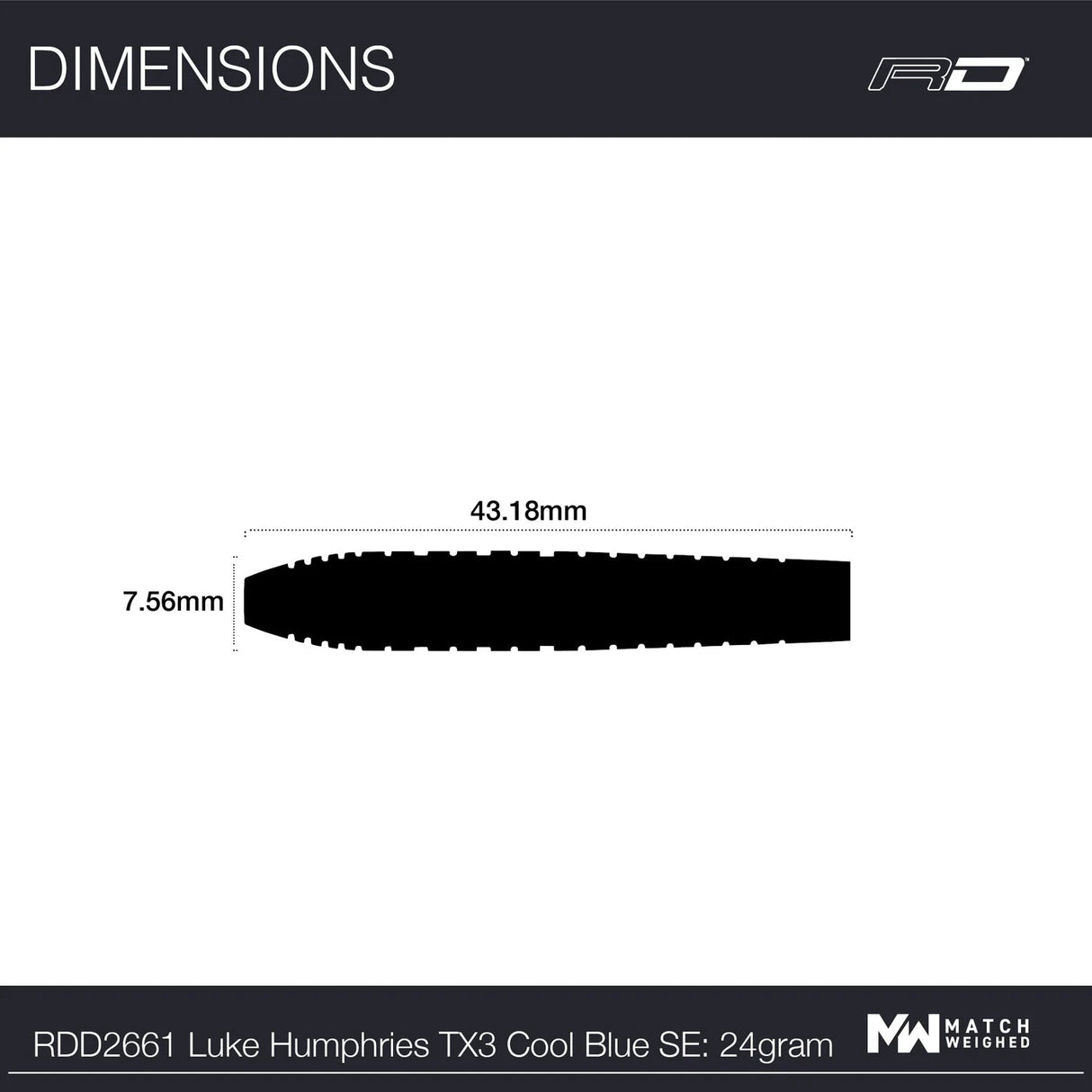 Side view dart barrel silhouette with dimensions 43.18mm length, 7.56mm diameter for tungsten darts